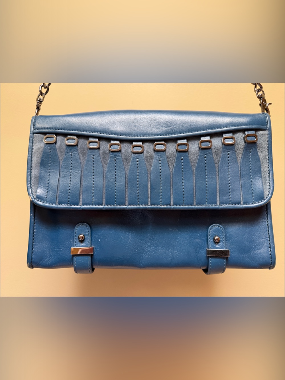 Badgley Mischka Blue Leather Flap Clutch with Chain Strap